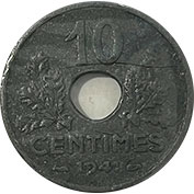 França 10 Centimes 1941 Modulo Maior Zinco