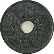 França 10 Centimes 1942 Modulo Maior Zinco