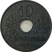 França 10 Centimes 1943 Modulo Maior Zinco